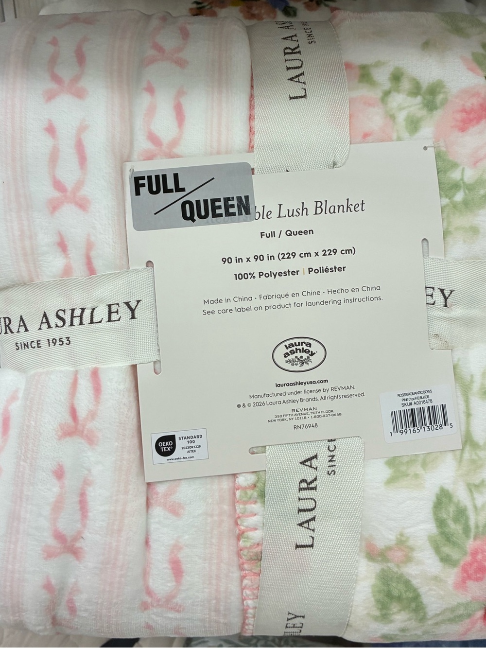 Laura Ashley Pink and Cream Floral Plush Blanket